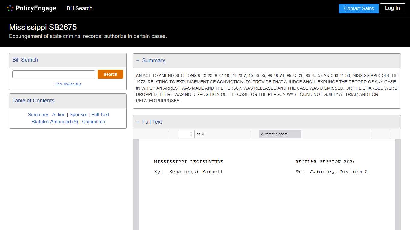 SB2675 Mississippi 2026 Expungement of state criminal records; authorize in certain cases. - Legislative Tracking PolicyEngage