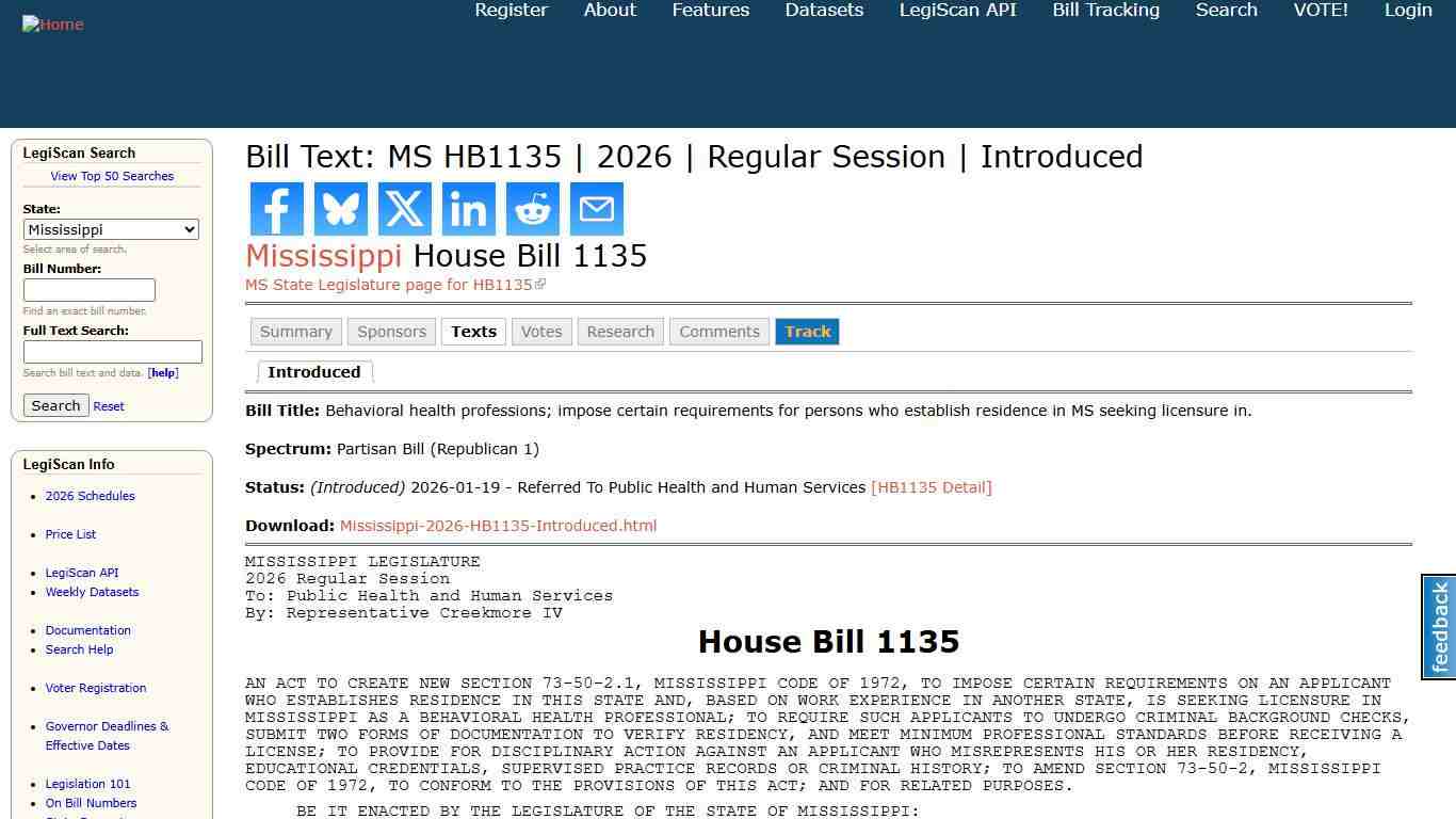 Bill Text: MS HB1135 2026 Regular Session Introduced LegiScan